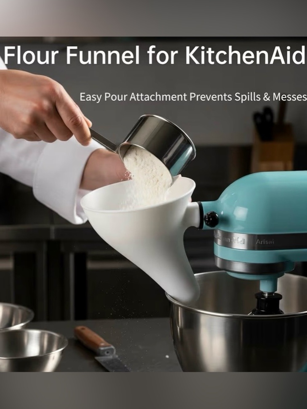 Flour Funnel for Kitchen Aid Artisan 4.5-5 Qt Mixer Easy Pour Attachment